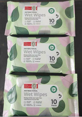 Biodegradable 10 Pieces Antibacterial Wet Wipes 100% Natural Viscose Fiber