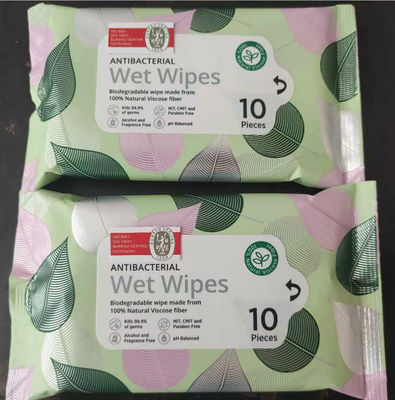 Biodegradable 10 Pieces Antibacterial Wet Wipes 100% Natural Viscose Fiber
