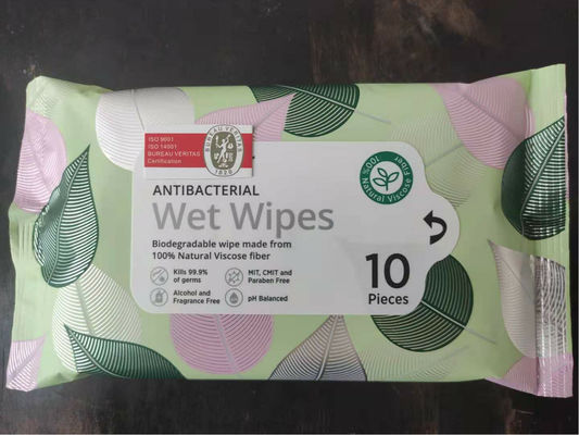 Biodegradable 10 Pieces Antibacterial Wet Wipes 100% Natural Viscose Fiber