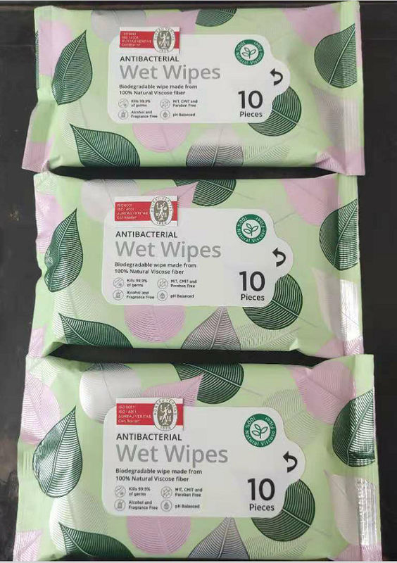 Biodegradable 10 Pieces Antibacterial Wet Wipes 100% Natural Viscose Fiber